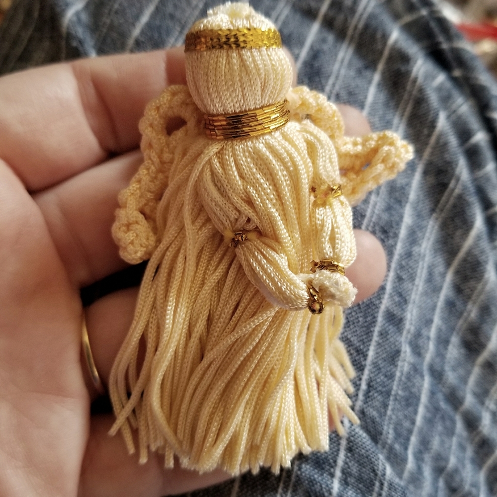 Angel brooch pin handmade string tassels peach